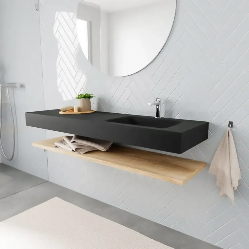 Zaro ALAN vrijhangende wastafel 150cm met wasbak Enkel rechts en planchet in kleur washed oak 0 lade(s) Hete Deal