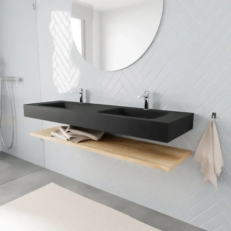 Zaro ALAN vrijhangende wastafel 150cm met wasbak dubbel en planchet in kleur washed oak 0 lade(s) Hete Deal