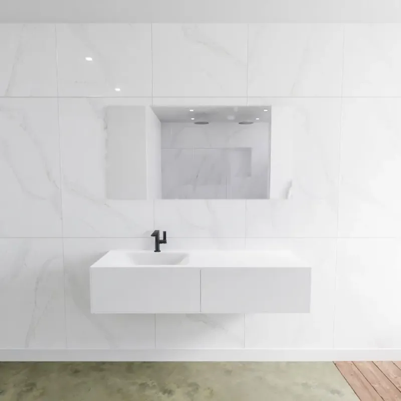 Uitverkoop Zaro Lagom volledig naadloos solid surface onderkast 140cm mat wit met 2 lades Push tot open. Compleet met solid surface wastafel met 1 kraangat(en)