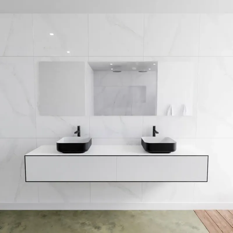 Dagaanbieding Zaro Lagom volledig naadloos solid surface onderkast met topblad 200cm mat zwart met 2 lades Push tot open. Compleet met solid surface opzetkom met 2 kraangat(en)
