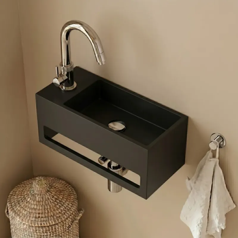Premium Saniclear Bali mat zwarte solid surface fontein 36x20cm links