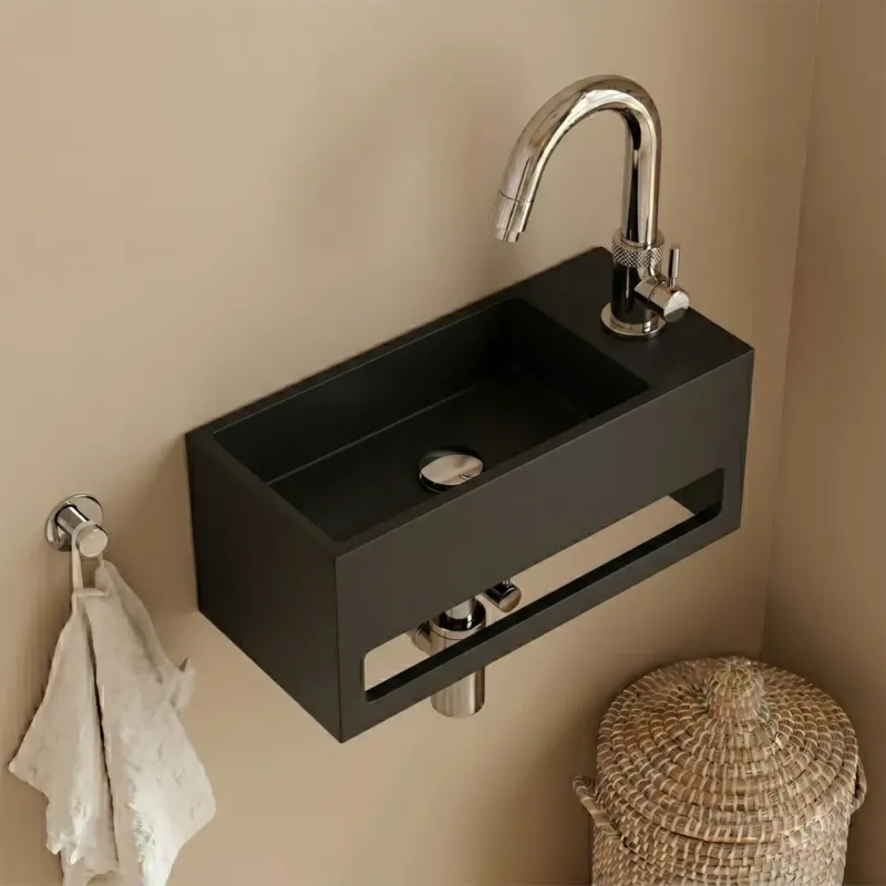 Saniclear Bali mat zwarte solid surface fontein 36x20cm rechts Populair