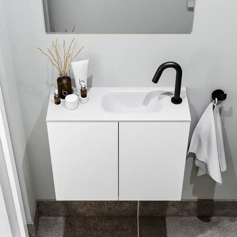 Zaro Polly toiletmeubel 60cm mat wit met witte wastafel met kraangat rechts Laatste Versie