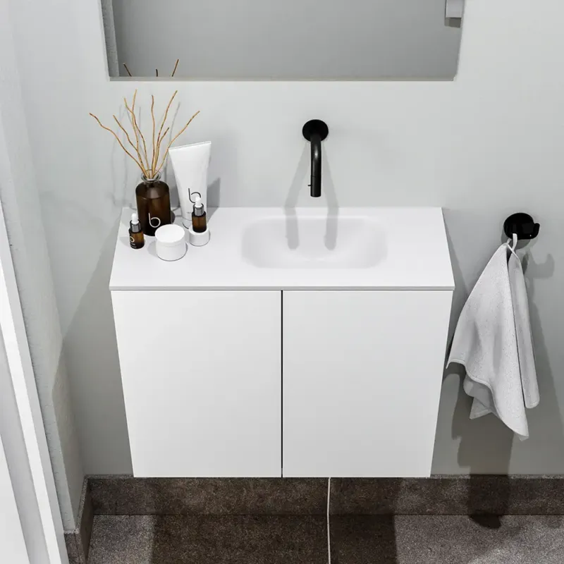 Zaro Polly toiletmeubel 60cm mat wit met witte wastafel zonder kraangat rechts Beperkte Voorraad