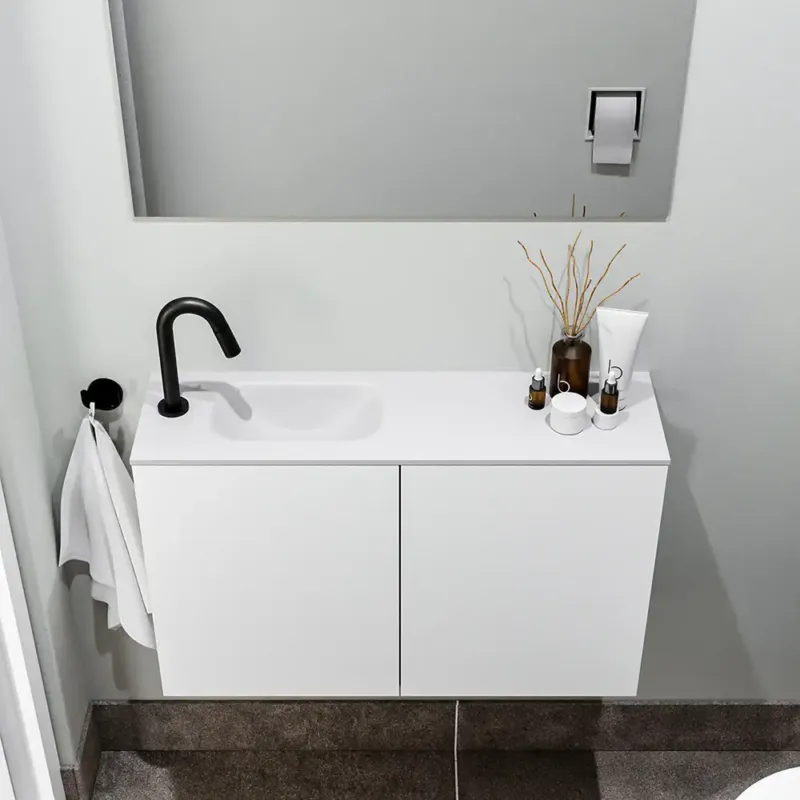 Zaro Polly toiletmeubel 80cm mat wit met witte wastafel met kraangat links Alleen Vandaag