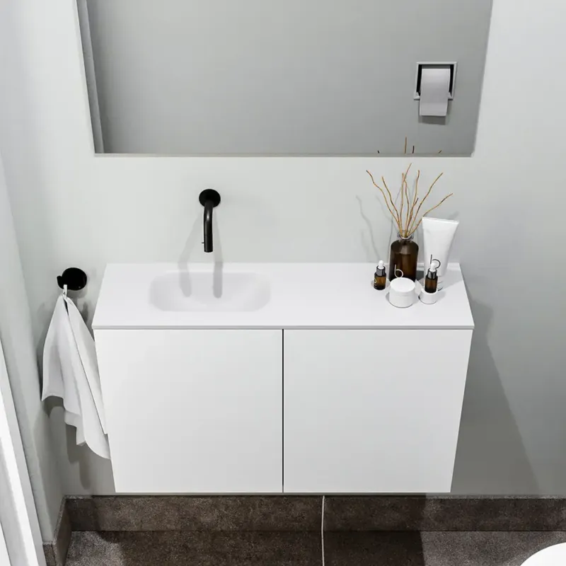 Zaro Polly toiletmeubel 80cm mat wit met witte wastafel zonder kraangat links Korting