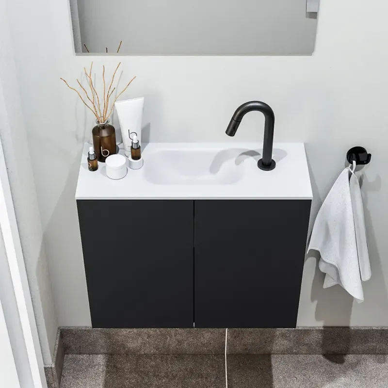 Korting Zaro Polly toiletmeubel 60cm mat zwart met witte wastafel met kraangat