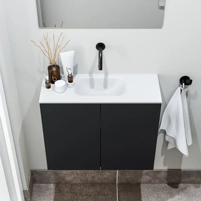 Aanbieding Zaro Polly toiletmeubel 60cm mat zwart met witte wastafel zonder kraangat