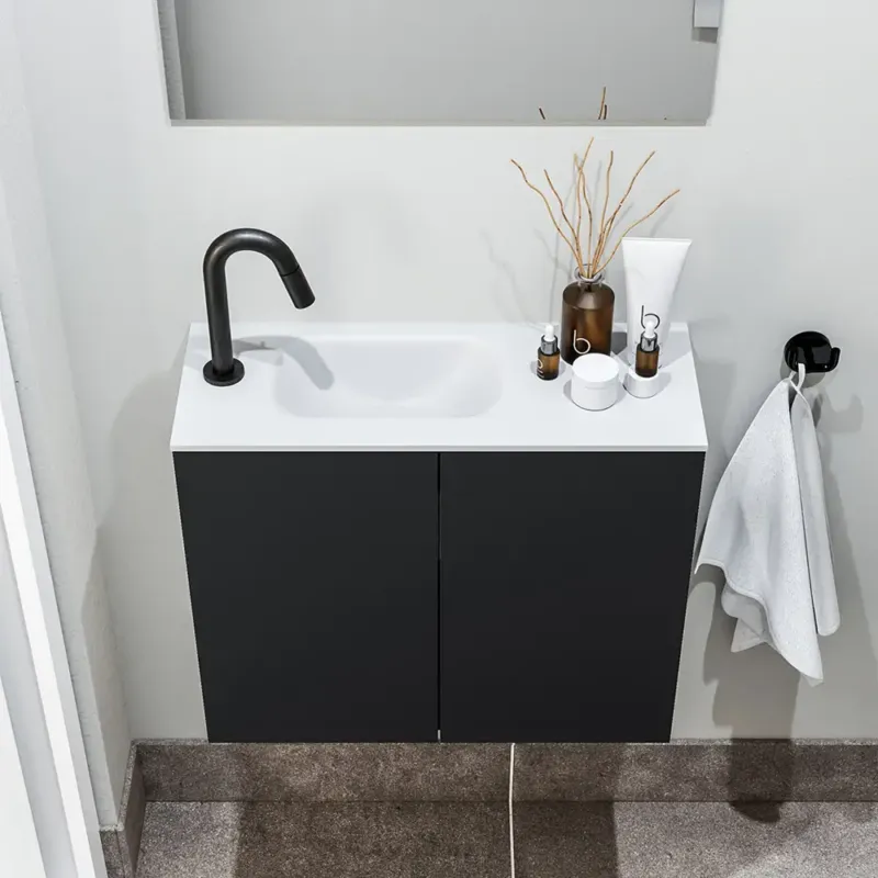 Zaro Polly toiletmeubel 60cm mat zwart met witte wastafel met kraangat links Actieprijs