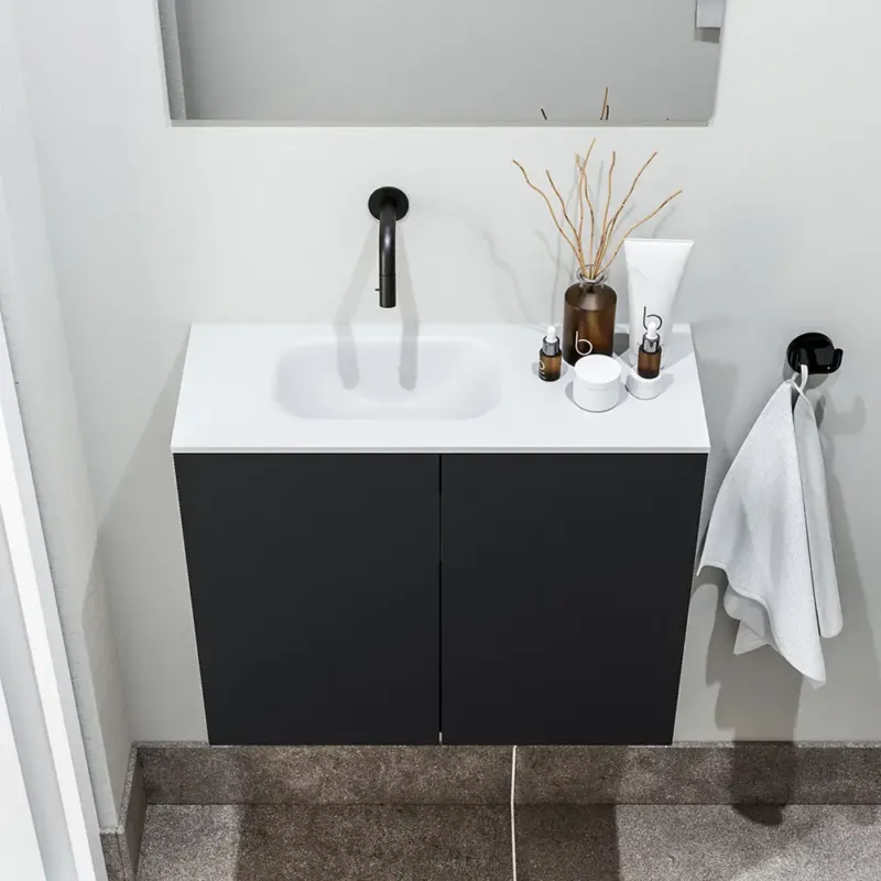 Beperkt Aanbod Zaro Polly toiletmeubel 60cm mat zwart met witte wastafel zonder kraangat links