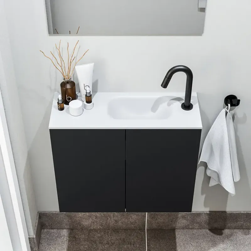 Laatste Kans Zaro Polly toiletmeubel 60cm mat zwart met witte wastafel met kraangat rechts