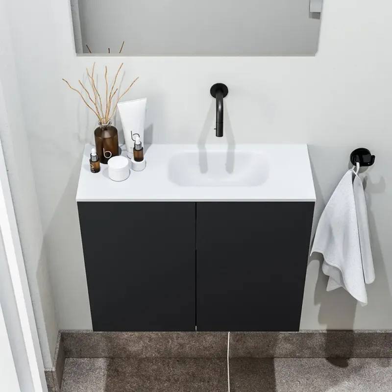 Zaro Polly toiletmeubel 60cm mat zwart met witte wastafel zonder kraangat rechts Bestel Nu