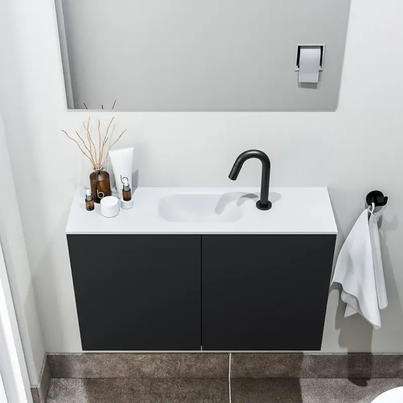 Beperkt Aanbod Zaro Polly toiletmeubel 80cm mat zwart met witte wastafel met kraangat