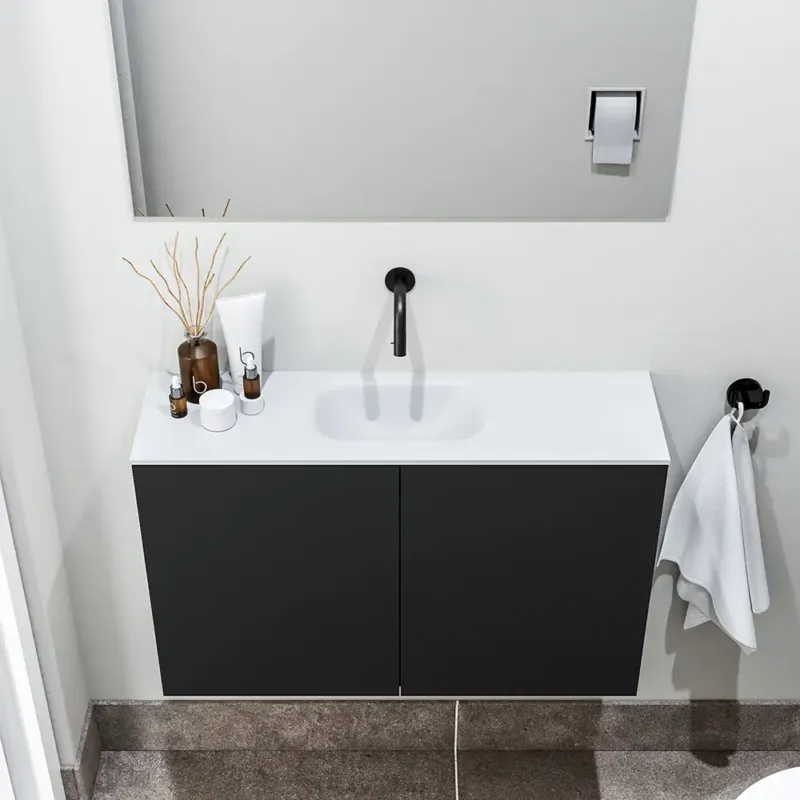 Populair Zaro Polly toiletmeubel 80cm mat zwart met witte wastafel zonder kraangat