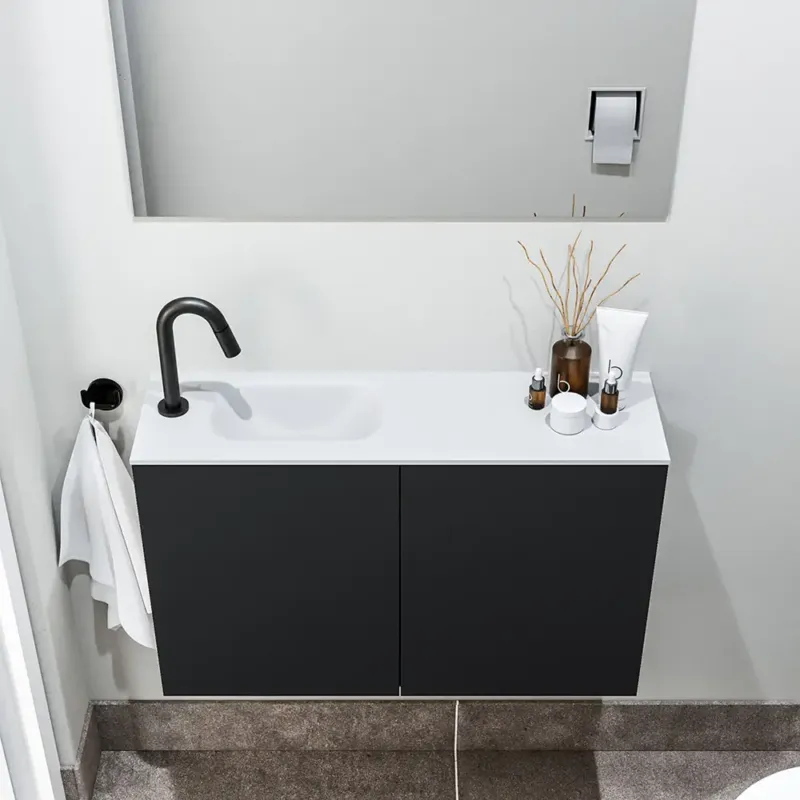 Goedkoop Zaro Polly toiletmeubel 80cm mat zwart met witte wastafel met kraangat links
