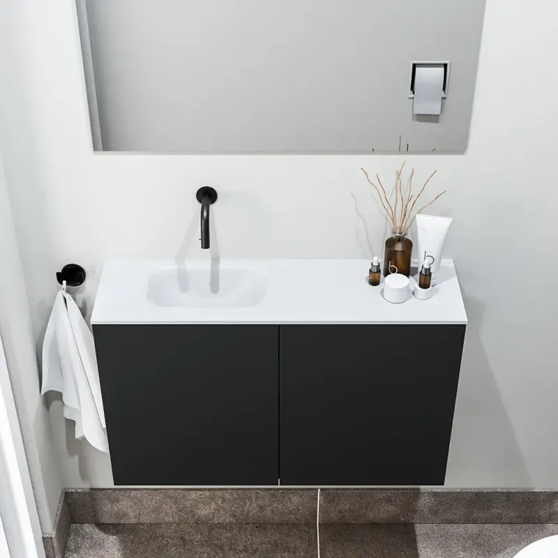 Zaro Polly toiletmeubel 80cm mat zwart met witte wastafel zonder kraangat links Beste Prijs