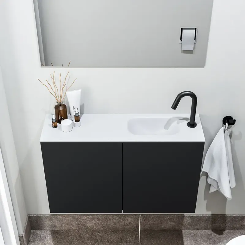Gereduceerde Prijs Zaro Polly toiletmeubel 80cm mat zwart met witte wastafel met kraangat rechts