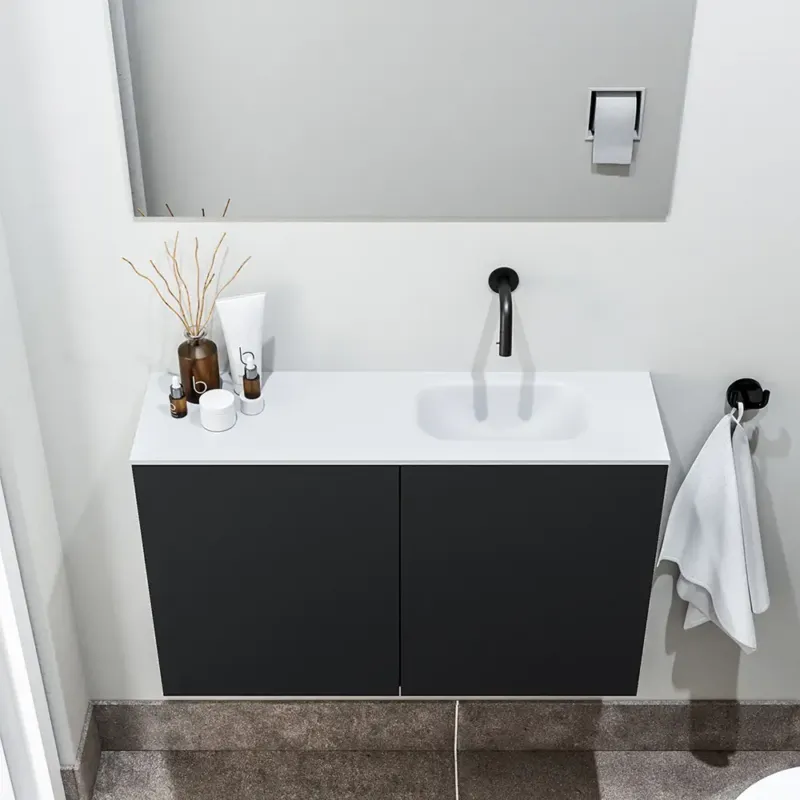 Zaro Polly toiletmeubel 80cm mat zwart met witte wastafel zonder kraangat rechts Koopje
