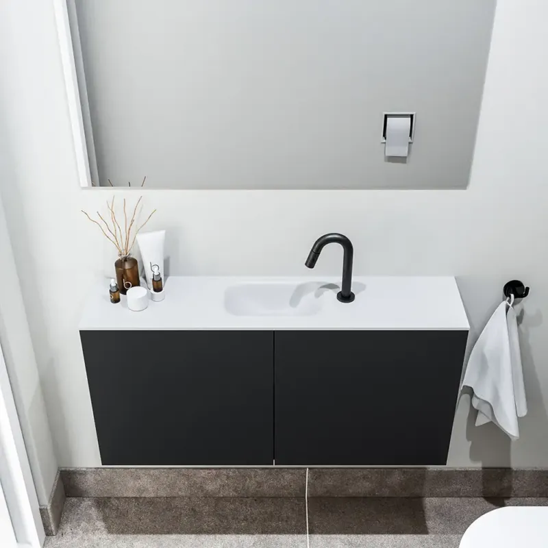 Zaro Polly toiletmeubel 100cm mat zwart met witte wastafel met kraangat Beste Prijs