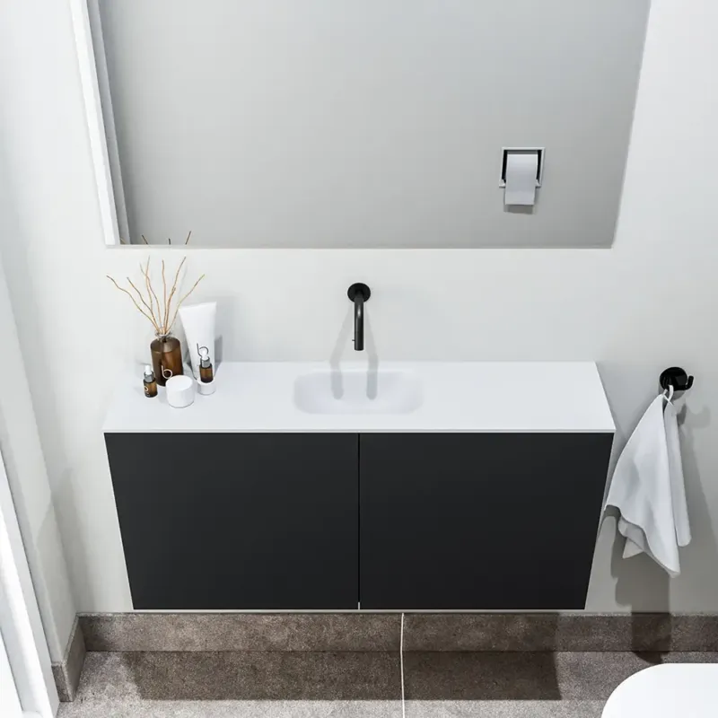 Zaro Polly toiletmeubel 100cm mat zwart met witte wastafel zonder kraangat Op = Op