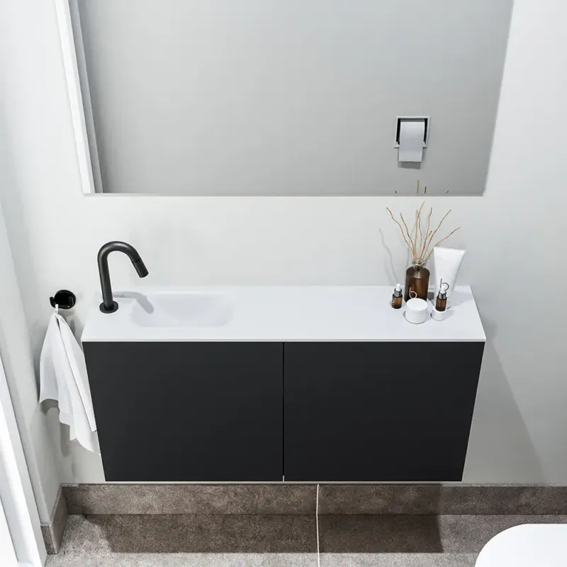 Zaro Polly toiletmeubel 100cm mat zwart met witte wastafel met kraangat links Direct Beschikbaar