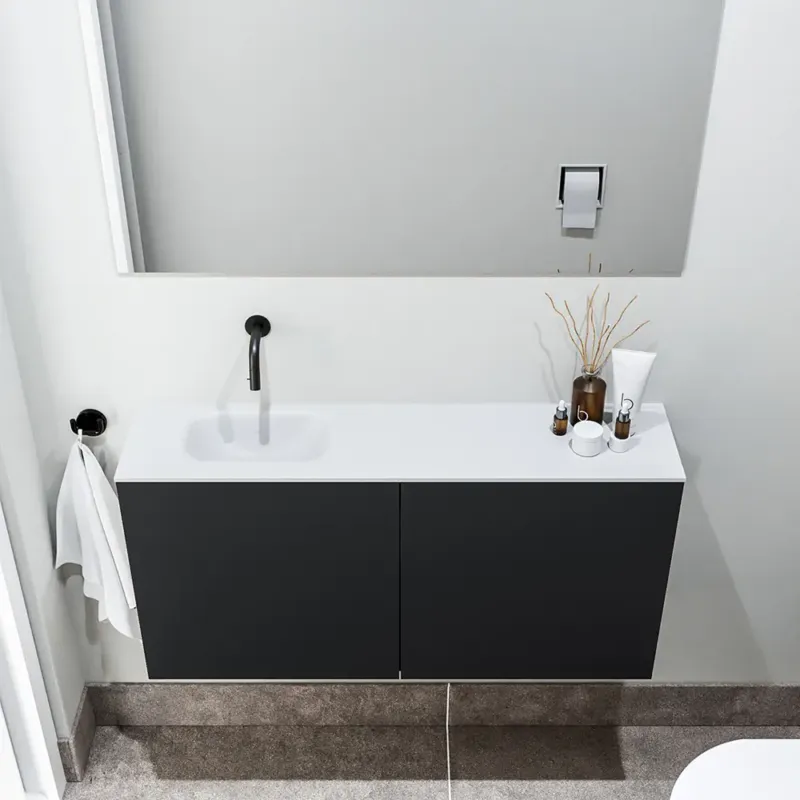 Speciale Aanbieding Zaro Polly toiletmeubel 100cm mat zwart met witte wastafel zonder kraangat links
