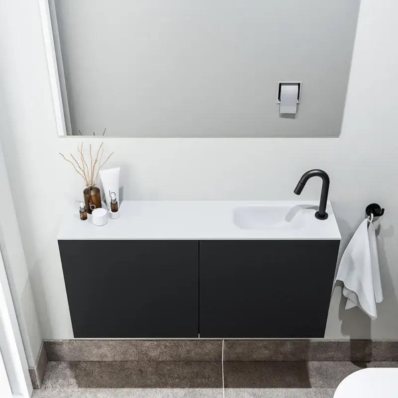 Zaro Polly toiletmeubel 100cm mat zwart met witte wastafel met kraangat rechts Betrouwbaar
