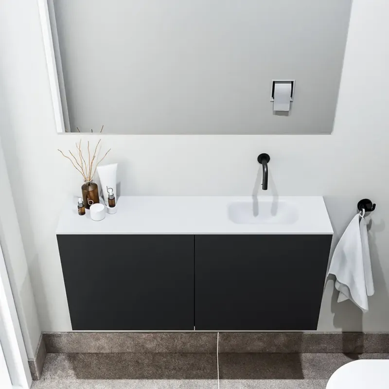 Zaro Polly toiletmeubel 100cm mat zwart met witte wastafel zonder kraangat rechts Voordeelprijs