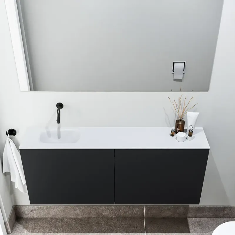 Beperkt Aanbod Zaro Polly toiletmeubel 120cm mat zwart met witte wastafel zonder kraangat links