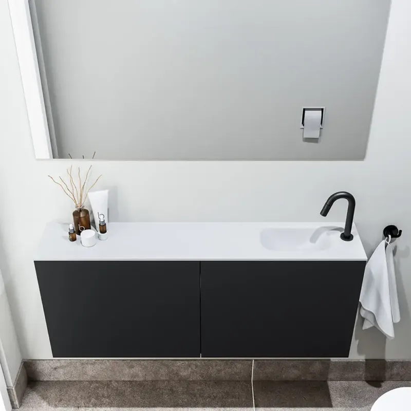 Zaro Polly toiletmeubel 120cm mat zwart met witte wastafel met kraangat rechts Aanbieding