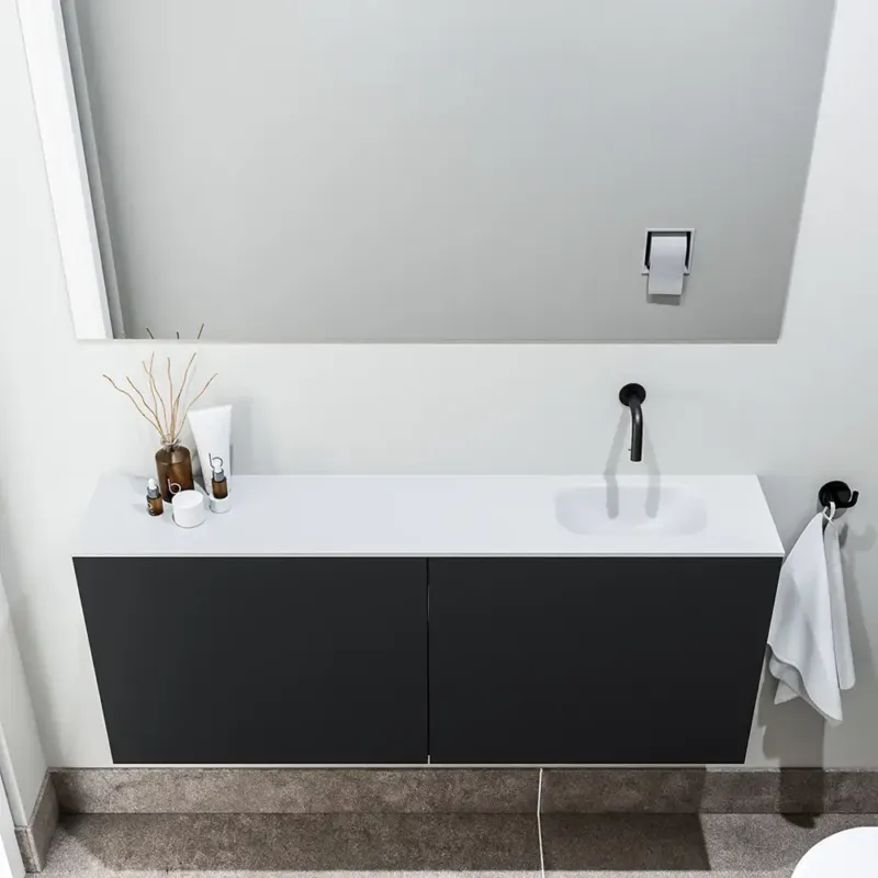 Must-Have Zaro Polly toiletmeubel 120cm mat zwart met witte wastafel zonder kraangat rechts