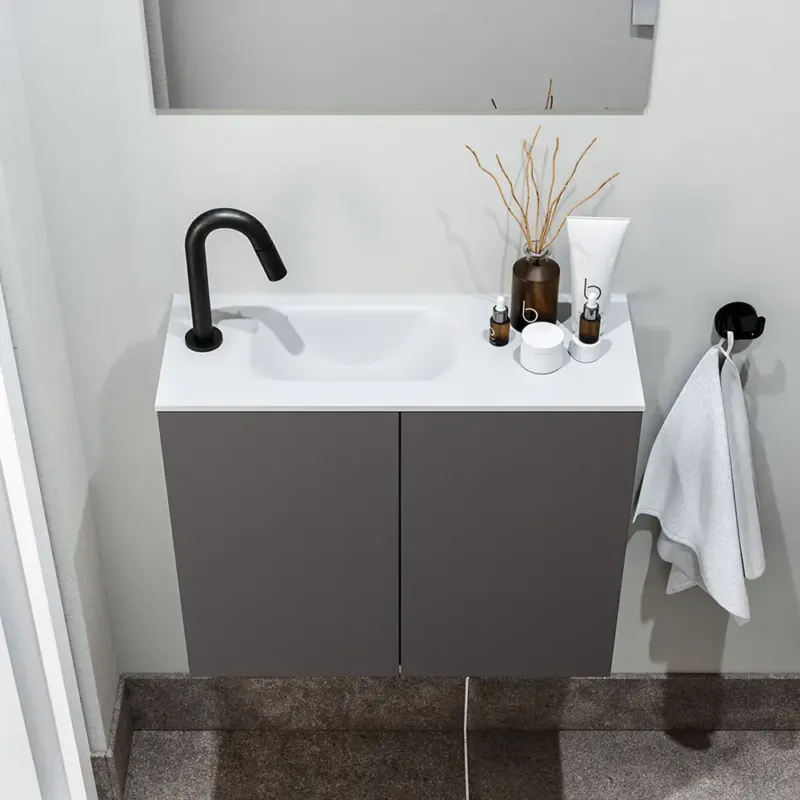 Superprijs Zaro Polly toiletmeubel 60cm donkergrijs met witte wastafel met kraangat links