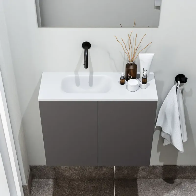 Fabrieksprijs Zaro Polly toiletmeubel 60cm donkergrijs met witte wastafel zonder kraangat links