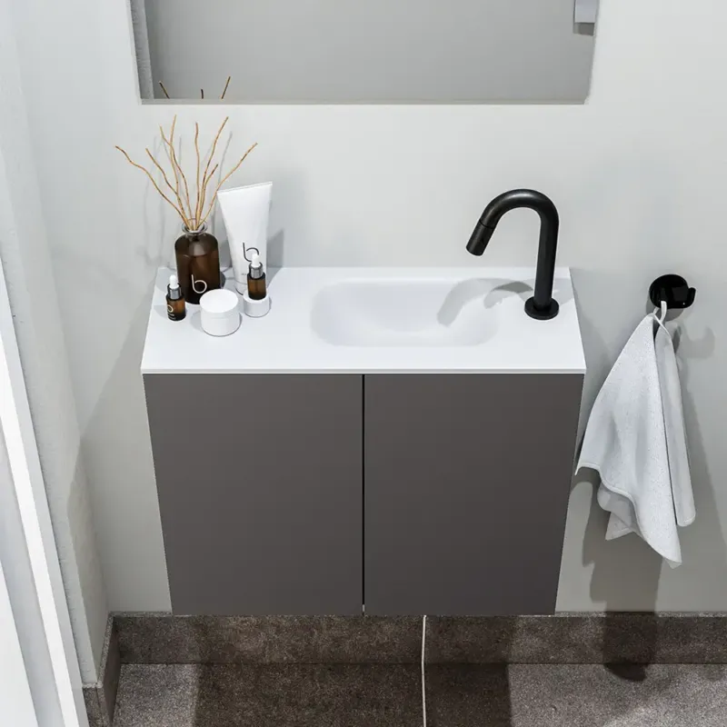 Rechtstreeks Van De Fabrikant Zaro Polly toiletmeubel 60cm donkergrijs met witte wastafel met kraangat rechts