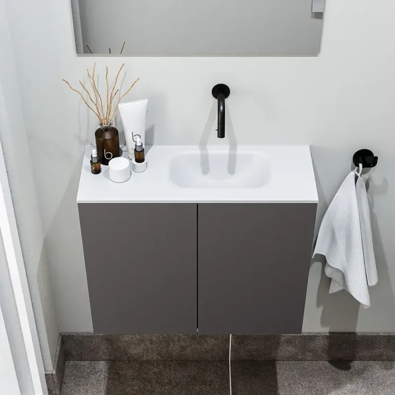 Zaro Polly toiletmeubel 60cm donkergrijs met witte wastafel zonder kraangat rechts Speciale Aanbieding