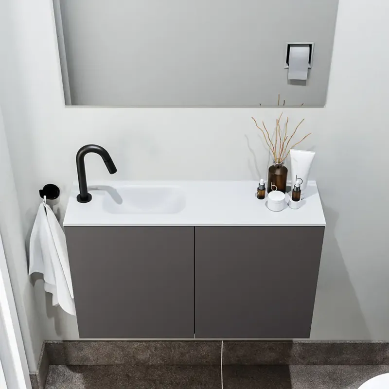 Actieprijs Zaro Polly toiletmeubel 80cm donkergrijs met witte wastafel met kraangat links