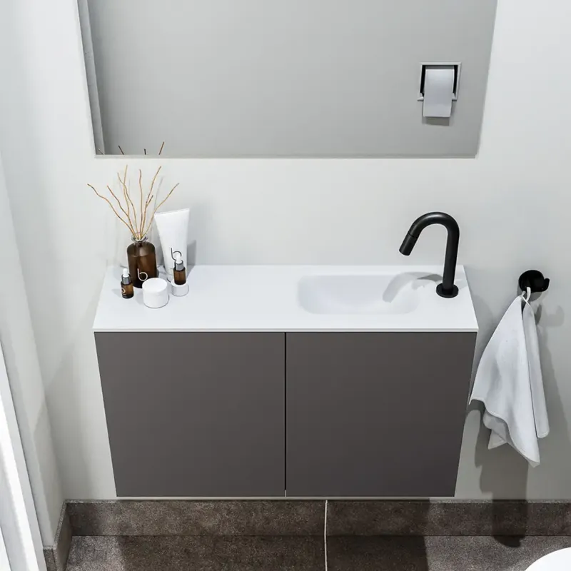 Merkproduct Zaro Polly toiletmeubel 80cm donkergrijs met witte wastafel met kraangat rechts