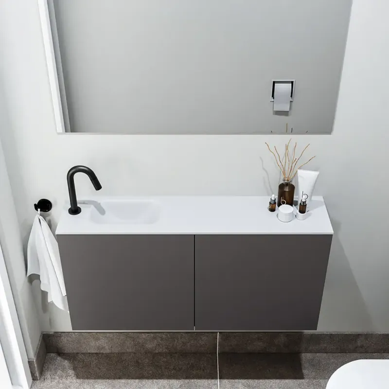 Voordeelprijs Zaro Polly toiletmeubel 100cm donkergrijs met witte wastafel met kraangat links