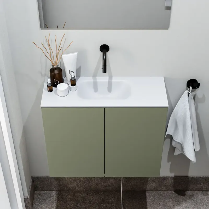 Beperkte Voorraad Zaro Polly toiletmeubel 60cm army met witte wastafel zonder kraangat