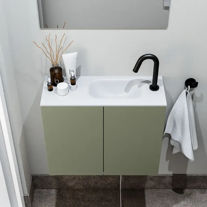 Finale Uitverkoop Zaro Polly toiletmeubel 60cm army met witte wastafel met kraangat rechts