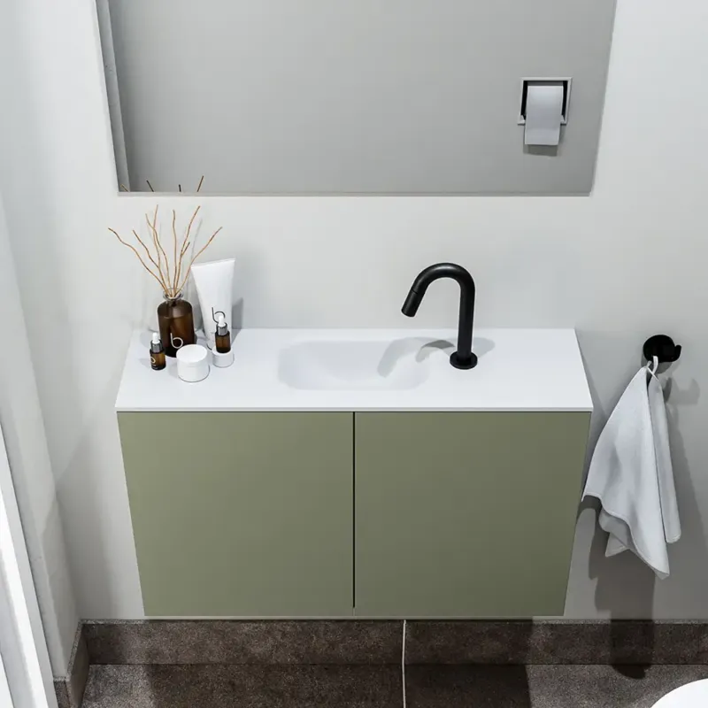 Flitsaanbieding Zaro Polly toiletmeubel 80cm army met witte wastafel met kraangat