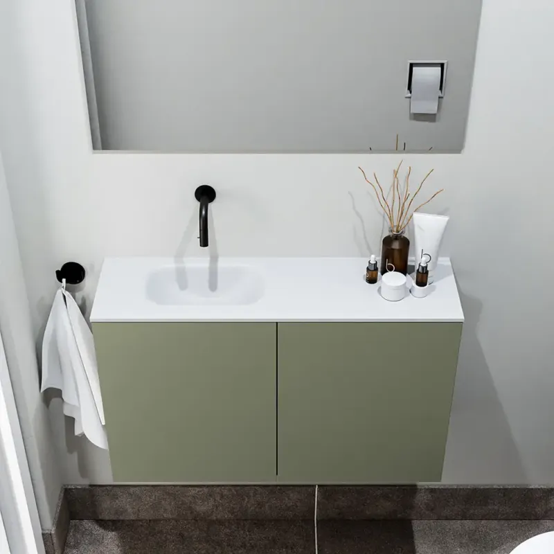 Zaro Polly toiletmeubel 80cm army met witte wastafel zonder kraangat links Uitverkoop