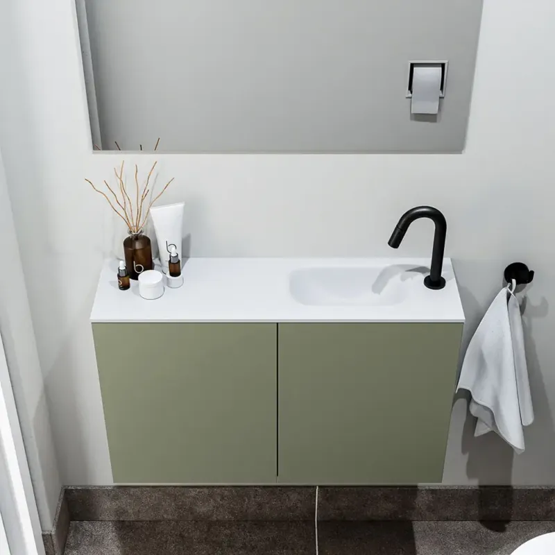 Zaro Polly toiletmeubel 80cm army met witte wastafel met kraangat rechts Betaalbaar