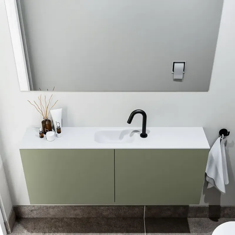 Finale Uitverkoop Zaro Polly toiletmeubel 120cm army met witte wastafel met kraangat