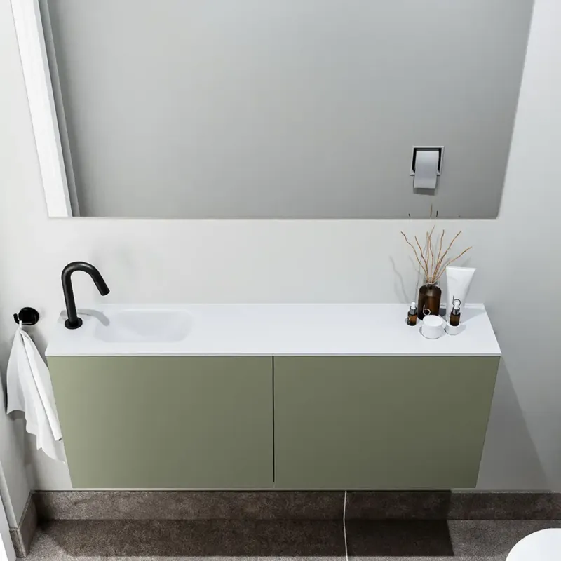 Zaro Polly toiletmeubel 120cm army met witte wastafel met kraangat links Direct Beschikbaar