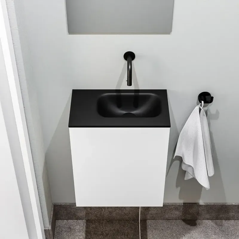Snelle Levering Zaro Polly toiletmeubel 40cm mat wit met zwarte wastafel zonder kraangat rechts