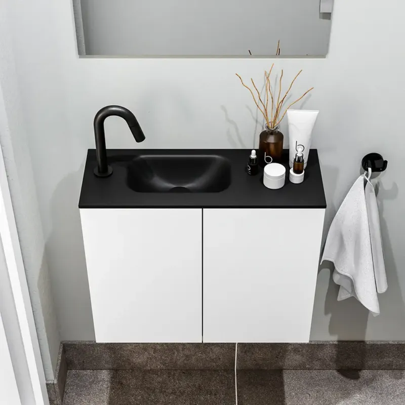 Seizoensaanbieding Zaro Polly toiletmeubel 60cm mat wit met zwarte wastafel met kraangat links