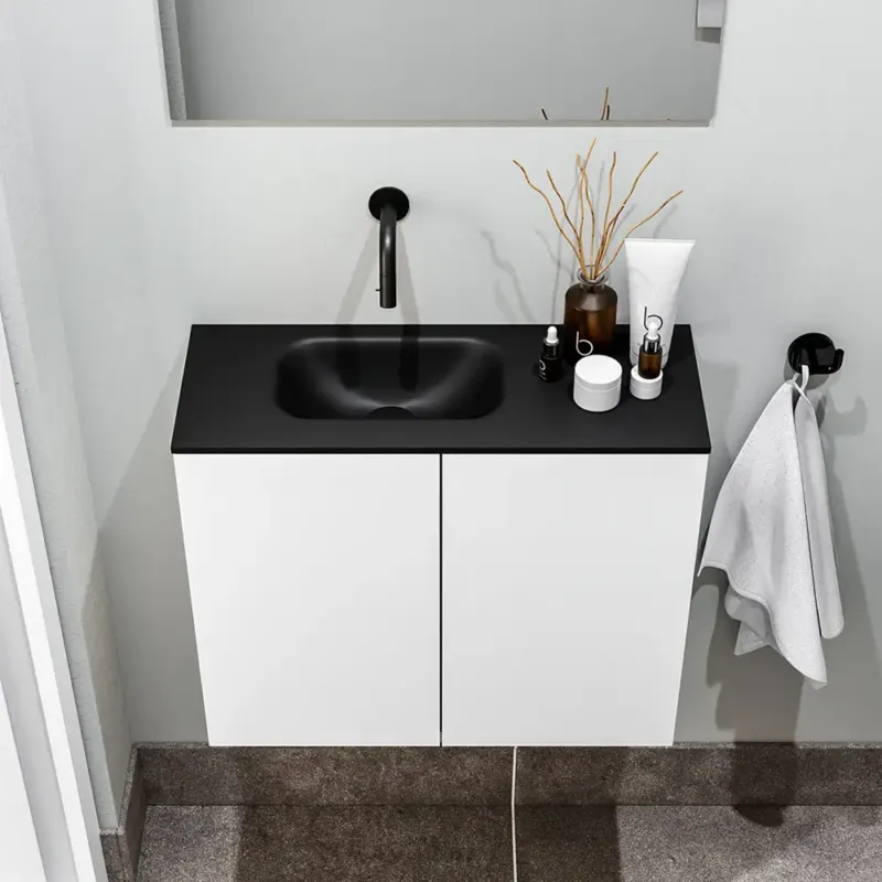 Zaro Polly toiletmeubel 60cm mat wit met zwarte wastafel zonder kraangat links Laatste Versie