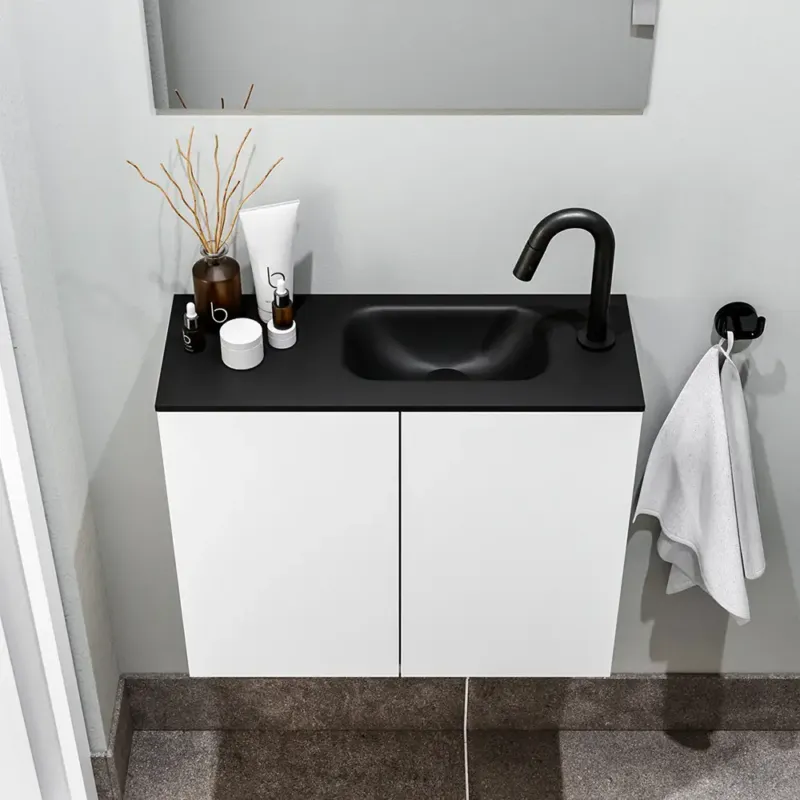 Zaro Polly toiletmeubel 60cm mat wit met zwarte wastafel met kraangat rechts Alleen Vandaag