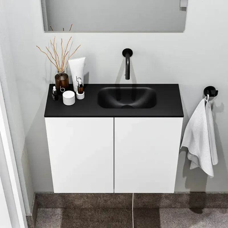 Meest Verkocht Zaro Polly toiletmeubel 60cm mat wit met zwarte wastafel zonder kraangat rechts